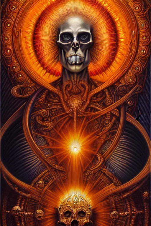 Image similar to A beautiful detailed orixa sun godness, tarot card, by tomasz alen kopera and Justin Gerard, symmetrical features, ominous, magical realism, texture, intricate, ornate, royally decorated, skull, skeleton, whirling smoke, embers, red adornements, red torn fabric, radiant colors, fantasy, trending on artstation, volumetric lighting, micro details, 3d sculpture, ray tracing, 8k, anaglyph effect