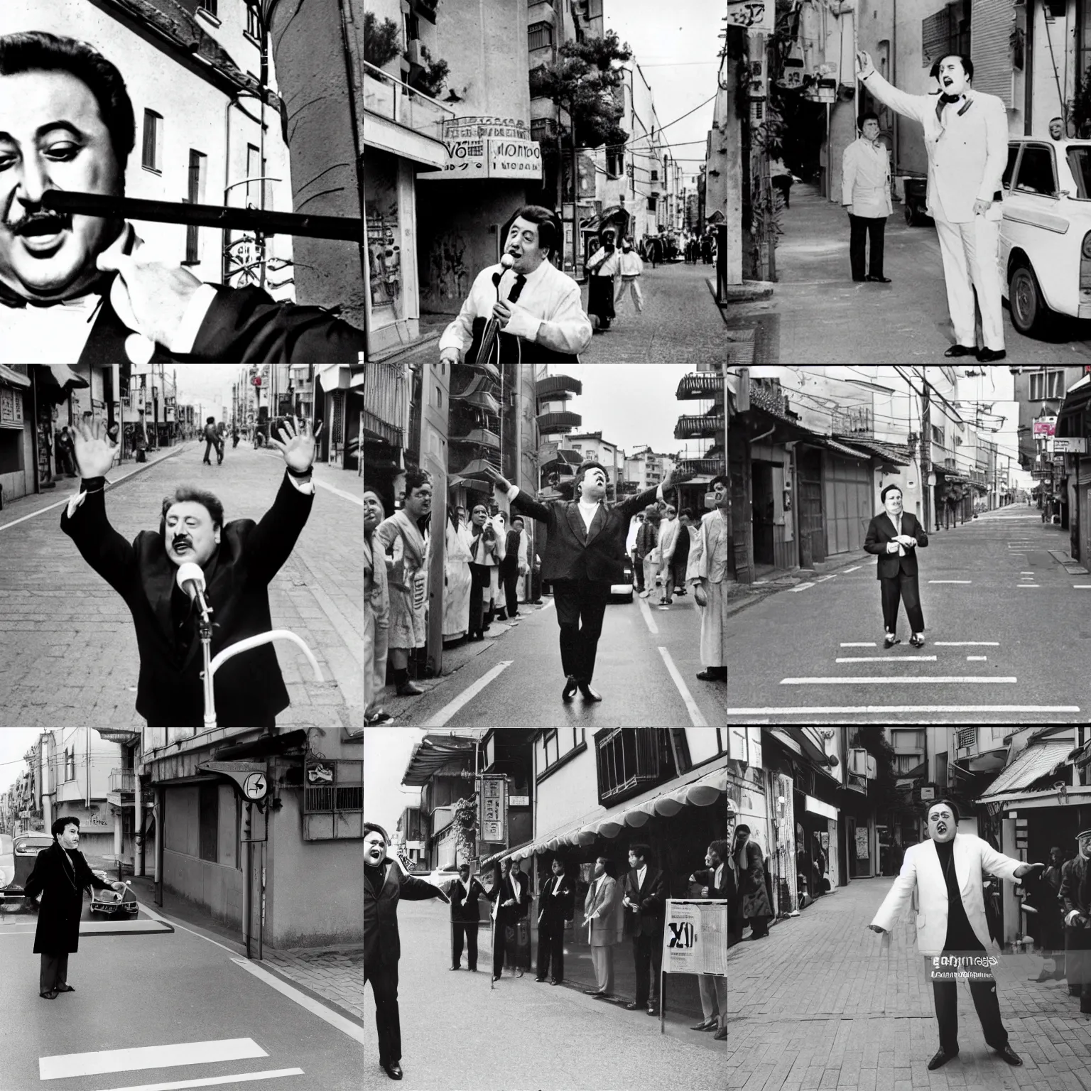 Prompt: Domenico Modugno singing Volare on a Japanese street in front of a tomare stop line written on the street