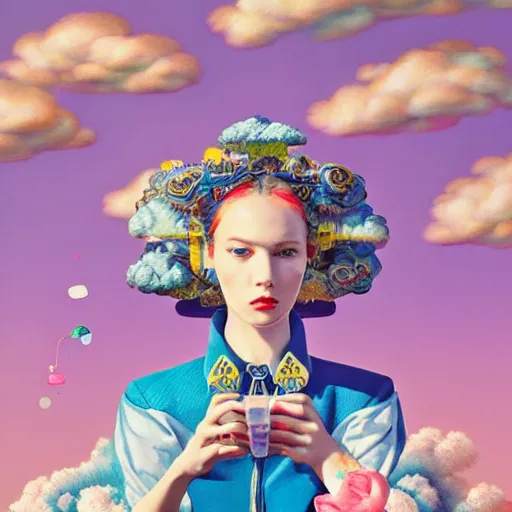 Image similar to pretty model with clouds and candy : : by martine johanna and simon stalenhag and chie yoshii and casey weldon and wlop : : ornate, dynamic, particulate, rich colors, intricate, elegant, highly detailed, vogue, harper's bazaar art, fashion magazine, smooth, sharp focus, 8 k, octane render