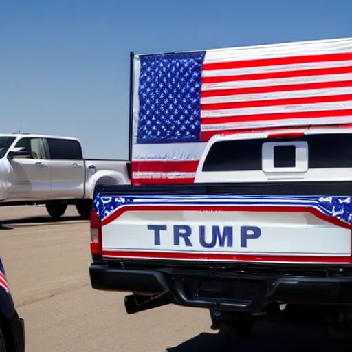 Image similar to pgoto of trump pickup trucks with american flags, there are very attractive woman in the back of the truck.