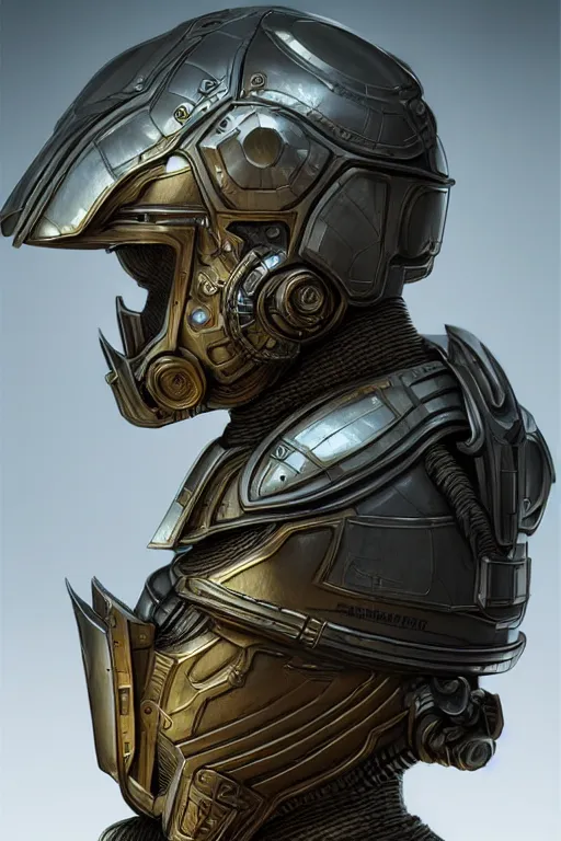 Image similar to realistic render portrait of an intricate armor and helmet, intricate, dystopian toy, sci-fi, extremely detailed, digital painting, sculpted in zbrush, artstation, concept art, smooth, sharp focus, illustration, chiaroscuro lighting, golden ratio, incredible art by artgerm and greg rutkowski and alphonse mucha and simon stalenhag