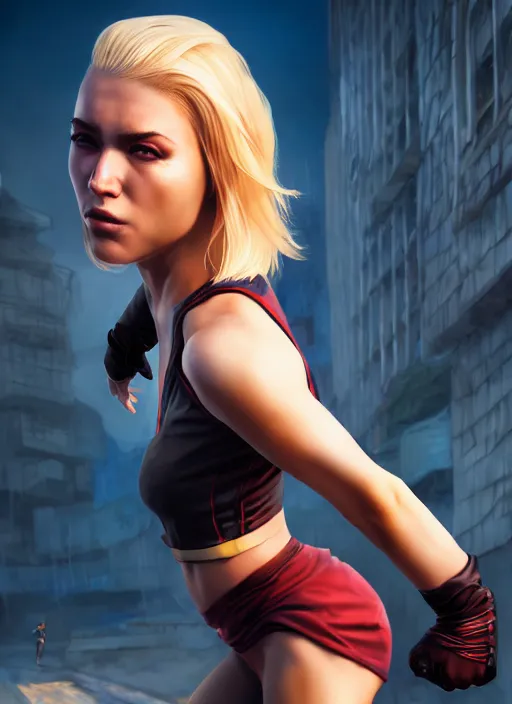 Prompt: An epic fantasy comic book style portrait painting of an athletic female thief with blonde hair dancing, unreal 5, DAZ, hyperrealistic, octane render, cosplay, RPG portrait, dynamic lighting, high detail