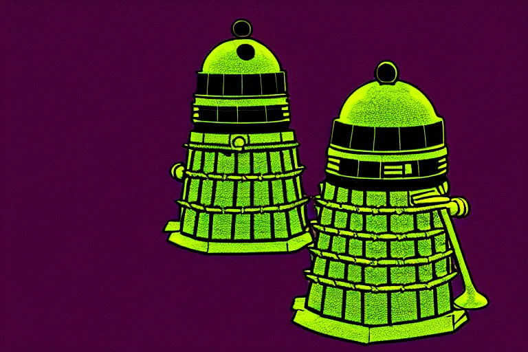 Image similar to daleks!, in the style of john avon and derek riggs and eva widermann, trending on artstation, halfrear lighting closeup view anaglyph filter, bokeh, anime, colored pencil art, belle epoque