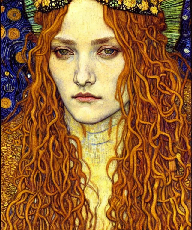 Image similar to detailed realistic beautiful young medieval queen face portrait by jean delville, gustav klimt and vincent van gogh, art nouveau, symbolist, visionary, gothic, pre - raphaelite, muted earthy colors, desaturated