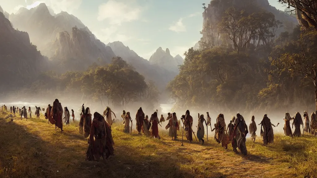 Prompt: highly detailed image of a group of indigenous travelers, walking in a line, traditional clothing, unreal engine, fantasy art by greg rutkowski, mountains, lake, hunter, by greg rutkowski, cgsociety, ferdinand knab, rossdraws, tom bagshaw, global illumination, radiant light, detailed and intricate environment