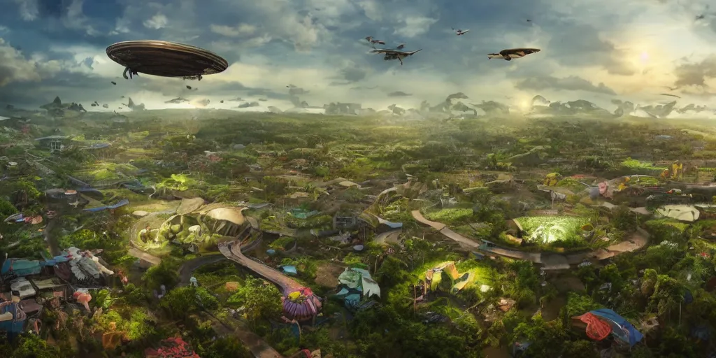 Prompt: giant cow flying over smart village, psychedelic solarpunk architecture, big bee, flying cow, surrounded by lush nature, ray - tracing, cinematic lighting, 8 k smooth, vibrant colors, ambient occlusion, hdr, complex, highly atmospheric lighting, highly detailed, alex grey, greg rutkowski, focus, cinematic, concept art, artstation, trending