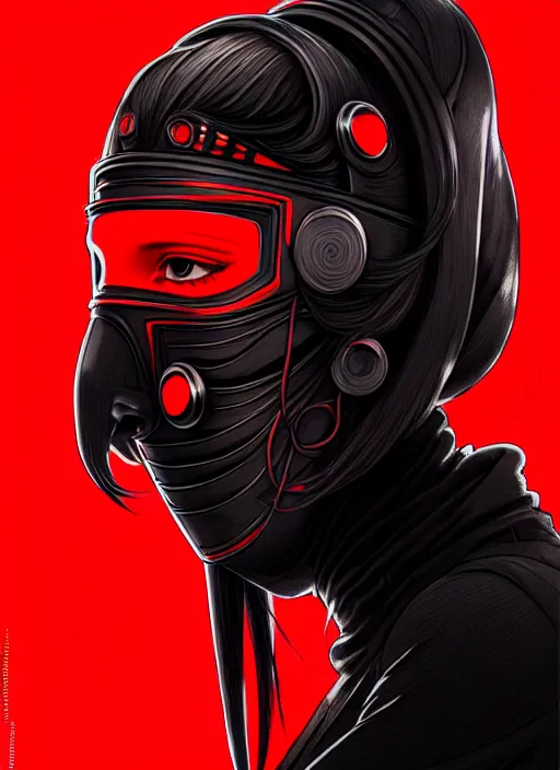 Image similar to portrait of long black hair girl within a red steel mask and techwear. cynical face, concept art, cyberpunk illustration, intricate, highly detailed 8 k, smooth, matte, sharp focus, rim light, beautiful and aesthetic shape of face and body, artgerm, artstation, art by gharliera and rinotuna and junpei