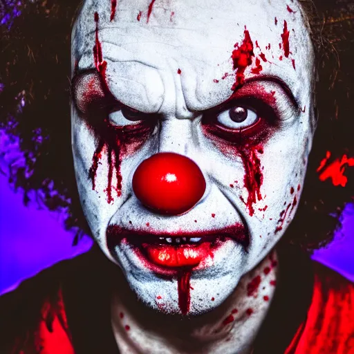 Image similar to wide shot of an expressionless clown with blood splattered on his face, muted tones, slightly out of focus, found footage, dutch angle