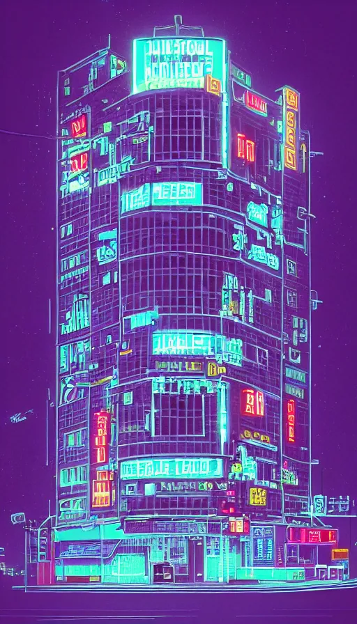 Prompt: a drawing of a building with a neon sign on top of it, cyberpunk art by james gilleard, behance contest winner, pixel art, voxel art, # pixelart, retrowave