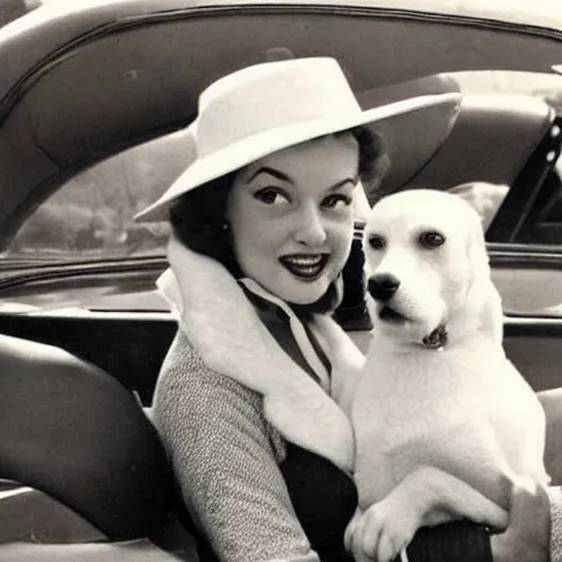 Image similar to a pin up driving with her white dog and big hat, award winning, 1 9 5 0 s