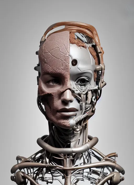 Image similar to a bust sculpture of anatomical female detailed cyborg, become human, ceramic base, orthographic, studio lighting