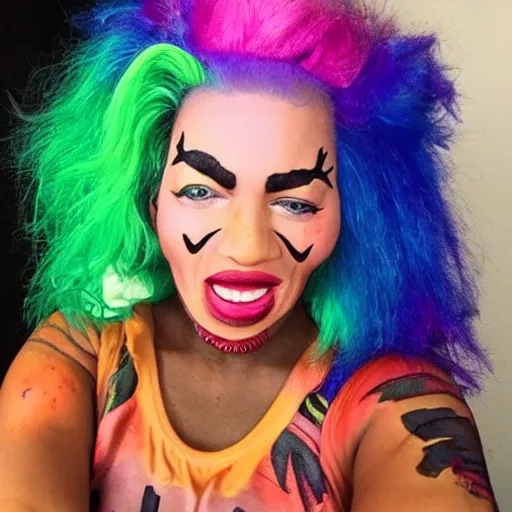 Prompt: a psychotic colored hair woman aggressive and scary tinder dating profile page.