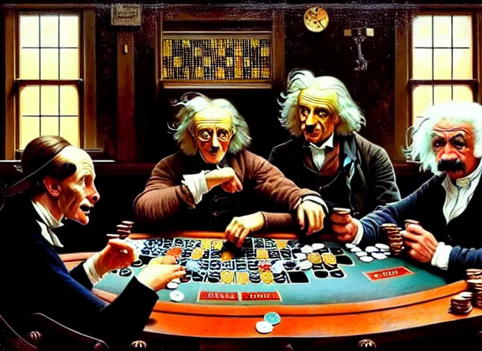 Image similar to isaac newton and stephen hawkins and albert einstein playing poker in an old west saloon, intricate, highly detailed, centered, digital painting, artstation, concept art, smooth, sharp focus, illustration, art by james gurney and norman rockwell and greg rutkowski