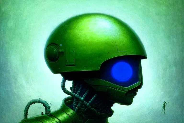 Image similar to futuristic helmet of a future soldier, in the style of beksinski, solarpunk, atmospheric, clean, intricate and epic composition, green by caravaggio, insanely quality, highly detailed, masterpiece, blue light, artstation, 4 k