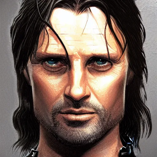 Image similar to [Aragorn in the movie Matrix as GTA character, closeup, D&D, intricate, elegant, highly detailed, digital painting, artstation, concept art, matte, sharp focus, illustration, art by Artgerm and Greg Rutkowski and Alphonse Mucha and Enki Bilal]