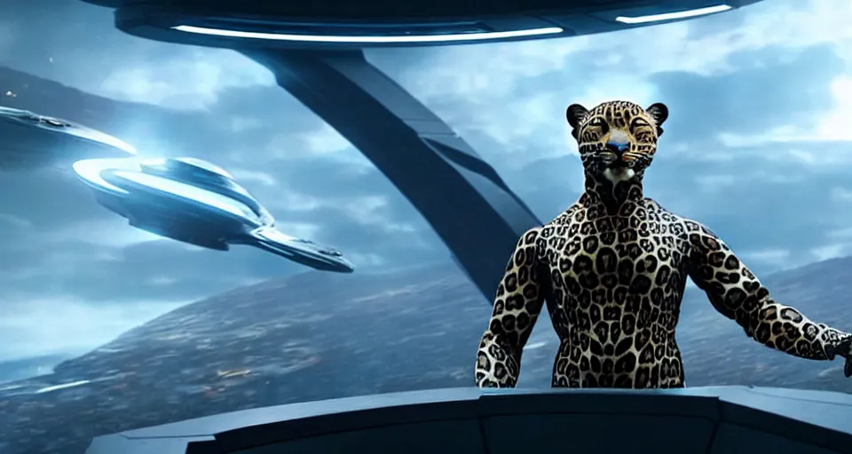 Prompt: A beautiful scene from a 2020 Marvel film featuring a humanoid leopard wearing a futuristic uniform on a starship. Detailed, photorealistic special effects.