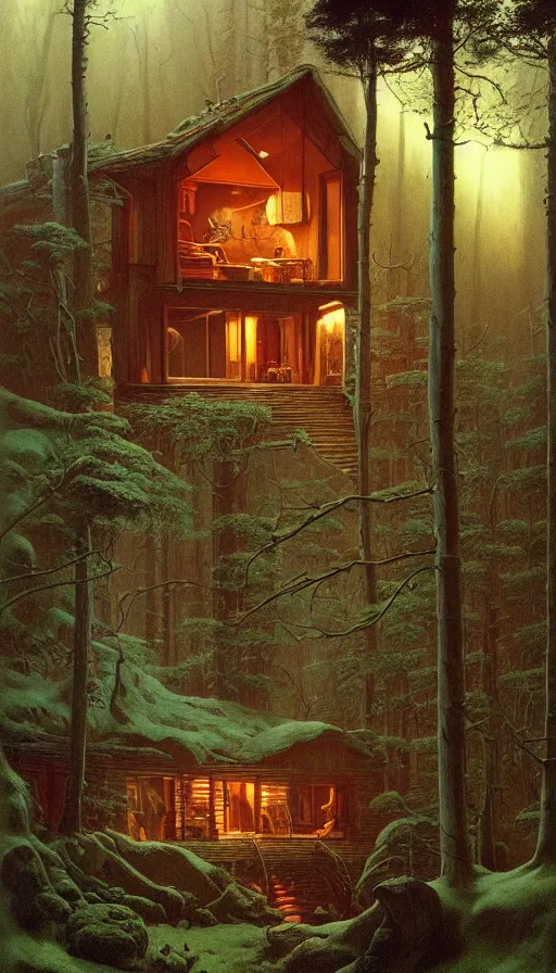 Image similar to cozy home in the woods moody lighting, highly detailed, painting by zdzisław beksinski and norman rockwell and greg rutkowskiweta studio, and lucasfilm