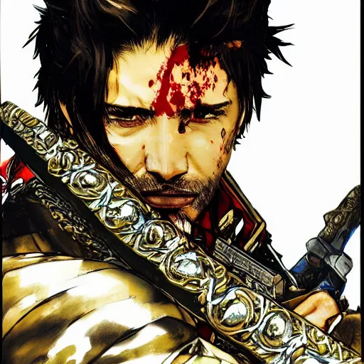 Image similar to portrait of a white and hispanic hero holding his sword in front of his face by yoji shinkawa, high quality, extra details, realism, ornate, colored, golden chain, blood