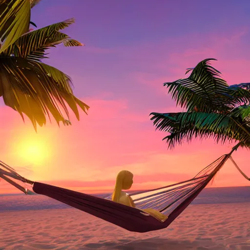 Image similar to Stable diffusion robot relaxing in a hammock between two palm trees, beautiful beach and sunset, while inpatient users try to contact it on a laptop that's standing to the side. Digital art, octane render, 4k, 8k, 56k dialup