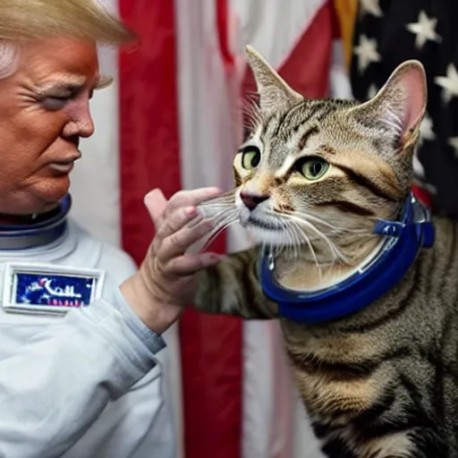 Prompt: cat astronaut shakes the hands with trump