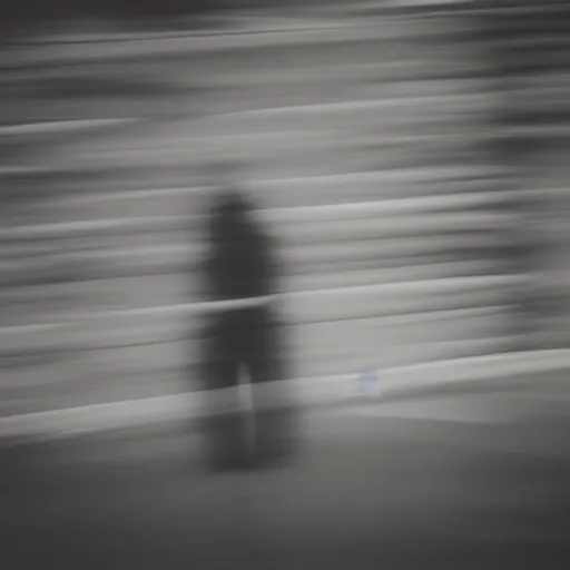 Prompt: an abstract photograph of a lonely male shadowy figure, motion blur, 35 mm, black-and-white