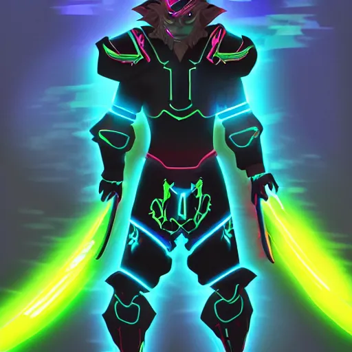 Image similar to Ganondorf in the style of Tron Legacy with glowing neon battle armor, wielding a lage neon fantasy greatsword, tron style city in the background, digital art