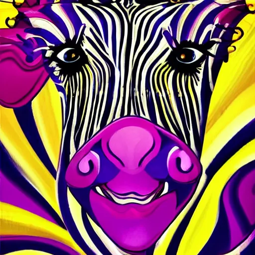 Prompt: powerful laughing happy zebra in the style of art nouveau. lively. colorful. hd.