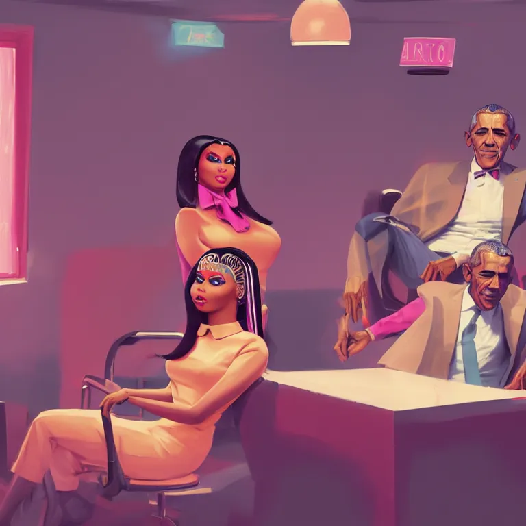 Image similar to 1 9 6 0 s concept illustration portrait of nicki minaj sitting next to barack obama in a barbershop. cinematic scene. volumetric lighting, flat style, pastel colors, hyper detailed. octane render. concept art. trending on artstation.