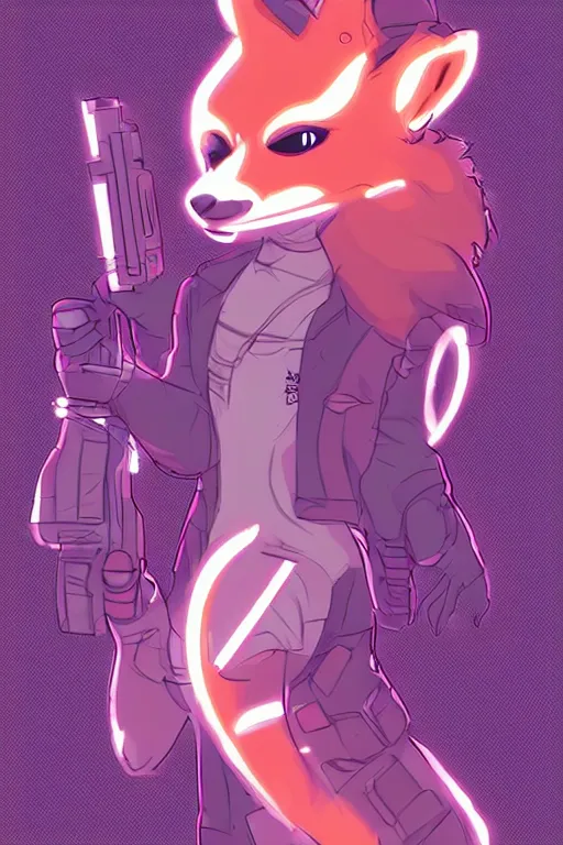 Image similar to a cute cyberpunk anthropomorphic fox with a fluffy tail, comic art, trending on furaffinity, cartoon, kawaii, backlighting, furry art!!!, neon, concept art