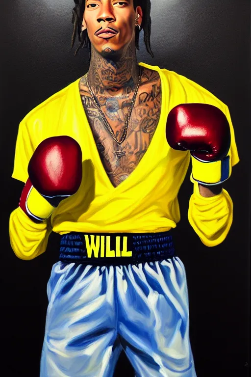 Image similar to full body portrait of wiz khalifa as muhammad ali, oil on canvas by william sidney mount, black, black, yellow, yellow, trending on artstation