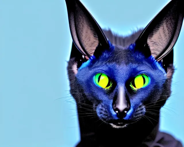 Image similar to a blue - and - black male blue / green heterochromatic catbat fursona with blue / green heterochromatic eyes ( one eye green ) and huge bat ears, photo of the catbat streaming on his computer