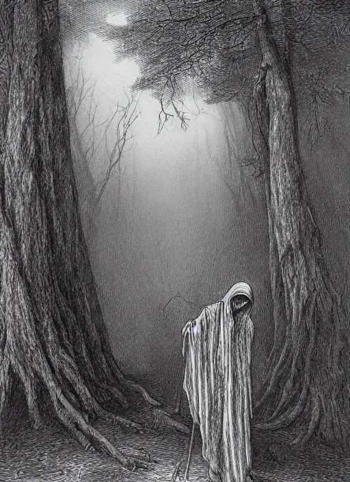 Prompt: faceless grim reaper with veil over face at far distance in beautiful forest, detailed pencil illustration by gustave dore, highly detailed, centered, high resolution, smooth, sharp focus, illustration