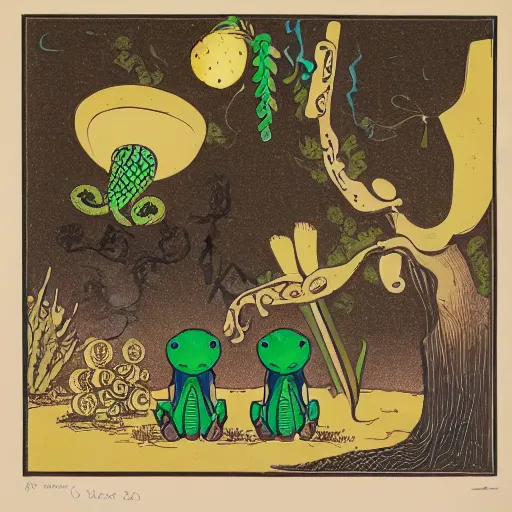 Prompt: a Giraud isotype with, toads, eggs, a vine and eyes and octupus