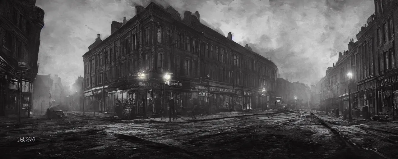 Image similar to whitechapel 1888, very dark and intense, trending on artstation, 8K, ultra wide angle, pincushion lens effect