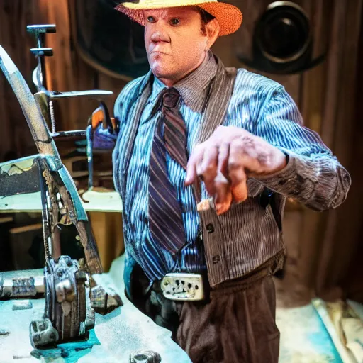 Image similar to animatronic John C. Reilly, exposed mechanics, photo, Stan Winston studios, detailed, 4k