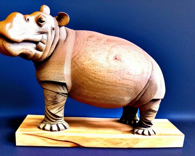 Image similar to a sculpture of hippo baby, bottom half wood!!!!! carved, top half blue translucid resin epoxy, cubic blocks, side view centered, mixmedia, transparent,