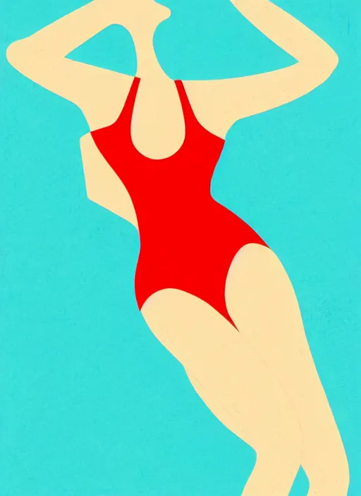 Image similar to portrait of a girl, in retro swimsuit, lying by the pool, minimalist illustration, flat colors, contrasting shadows art by anri matiss, maria medem, roberts rurans