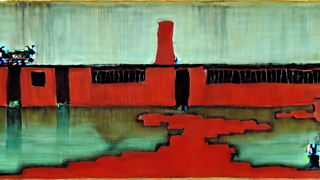 Image similar to a chinese prison near a river by peter doig, muted colors