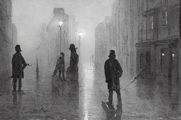 Image similar to two men in long trenches talking, early 20th century urban background, dark foggy streets lighted by torches, their light flickering off the windows, surreal illustration, baroque