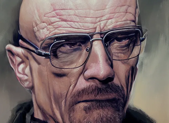 Image similar to a highly detailed beautiful portrait of walter white cyberpunk, by gregory manchess, james gurney, james jean