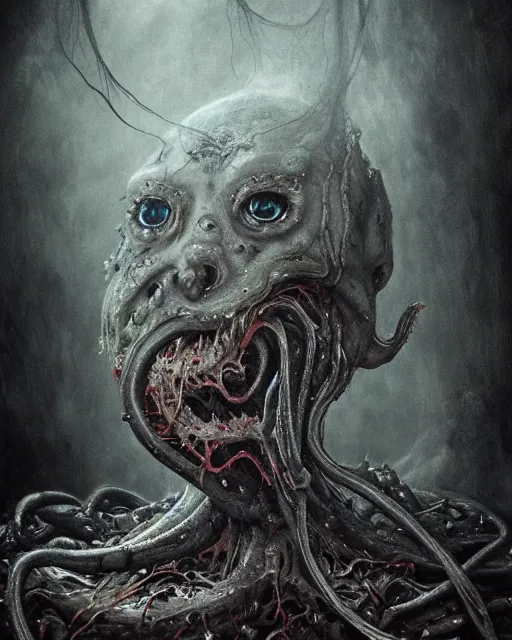 Prompt: gruesome creature with long tentacles and many eyes, endless eye, glowing eyes, too many eyes, midnight fog - mist!, dark oil painting colors, realism, cinematic lighting, various refining methods, micro macro autofocus, ultra definition, award winning photo, photograph by ghostwave - gammell - giger - shadowlord