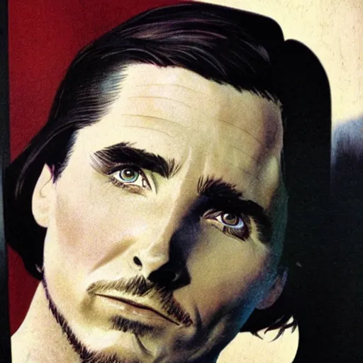 Prompt: “Christian Bale portrait, color vintage magazine illustration 1950”