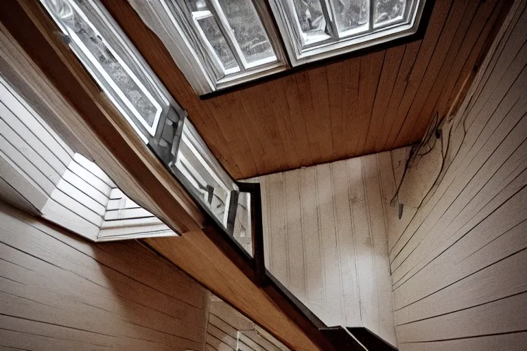 Prompt: looking down stairs in a house at the semi transparent ghost of a man at the bottom, digital art