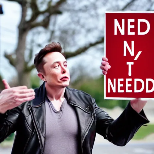 Prompt: shirtless elon musk begging money on streets holding sign'need money ', photorealistic, canon 3 5 mm photography