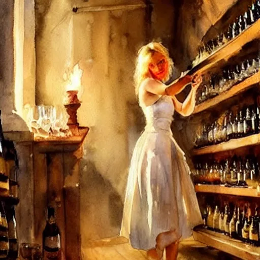 Image similar to beautiful blonde in hot dress in a wine cellar, food, pork, beer, schnapps, rustic, traditional, torches on the wall, watercolor by vladimir volegov and anders zorn, highly detailed, masterpiece