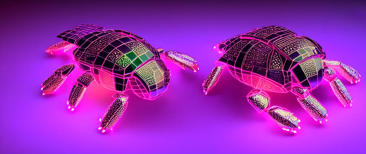 Image similar to high quality 3d render glowing holographic cyborg scarab! jeweled gorgeous! dramatic purple neon lighting vray high quality low angle hd 8k sharp shallow depth of field