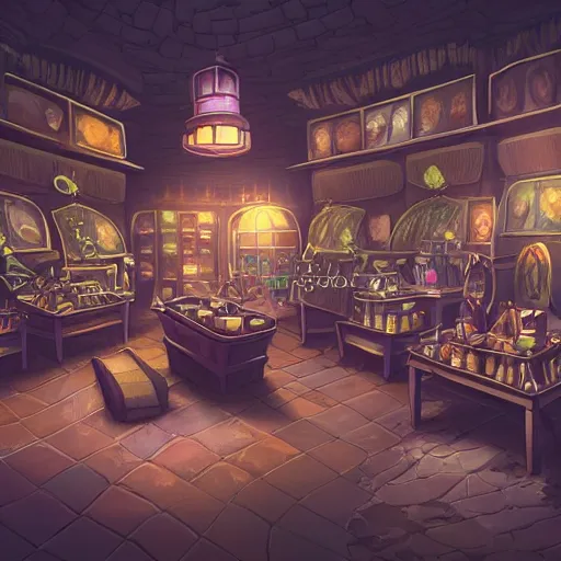 Image similar to inside a magical item shop, fantasy potion vendor interior, ufotable studio art style, wide angle, gothic interior,