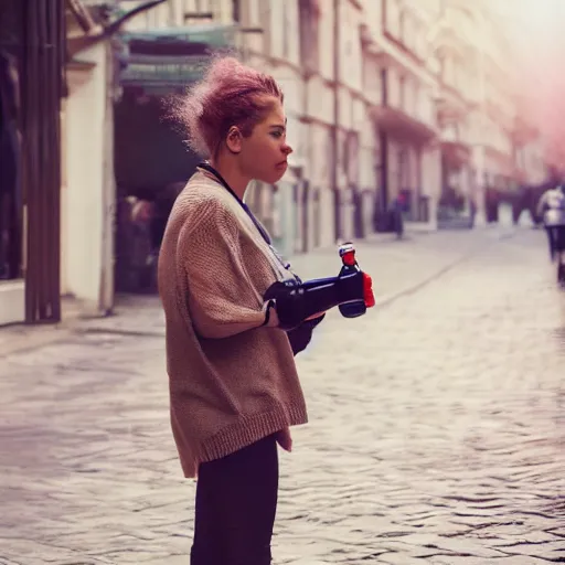 Image similar to photograph of woman holding a bottle in street, fashion shoot, award winning, kodak, 4 k, realistic intricate detail, hyper detail, woman very tired, full body potrait holding bottle, hazel green eyes, realistic, highlydetailed, natural, masterpiece, sharp focus, jennysaville