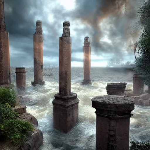 Prompt: big crumbling pillars over raging turbulent waters, conflagration in the back no smoke, hyper realistic, highly detailed, digital art, apocalyptic, epic lighting, raytracing
