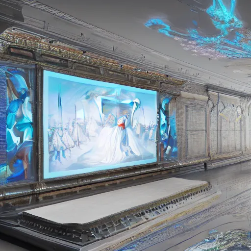 Prompt: sci-fi wall panel structure on the coronation of napoleon painting and photogrammetry point cloud digital billboard in the middle, unreal engine 5, keyshot, octane, artstation trending, ultra high detail, ultra realistic, cinematic, 8k, 16k, in style of zaha hadid, colors in style of nanospace Michael Menzelincev, colors in style of the Blade Runner 2049, in plastic, dark, tilt shift,